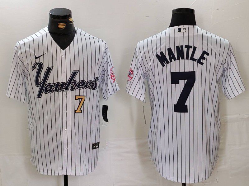 Men New York Yankees #7 Mantle White stripe Three generations of joint names Nike 2024 MLB Jersey style 2